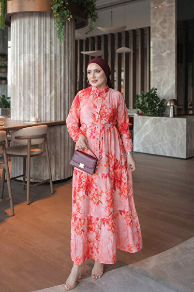 İmajButik Nar Çiçeği Yarım Düğmeli Kol Lastikli Eteği Katlı Elbise