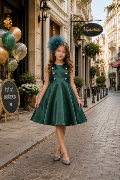 Mialora Buttoned, Accessorized, Girls' Evening Dress, Birthday and Party Dress