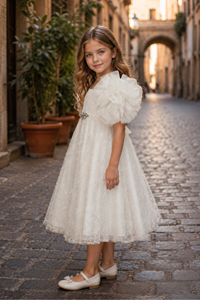 Mialora Girl's Evening Dress with Sleeve Detail, Rose Detail, Sequined Lace P...