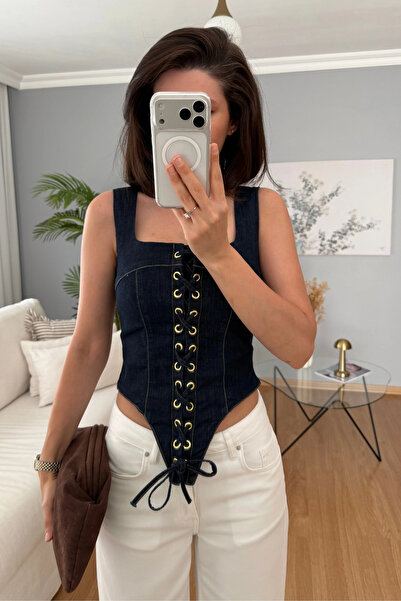 SHILSEE BEUTİQUE Bustieră de damă din denim bleumarin, cu bretele groase și d...