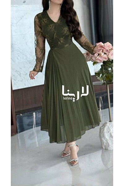 HASNAADRESS Lavin Dress - Olive Green Luxury and Classic Lace Elegance