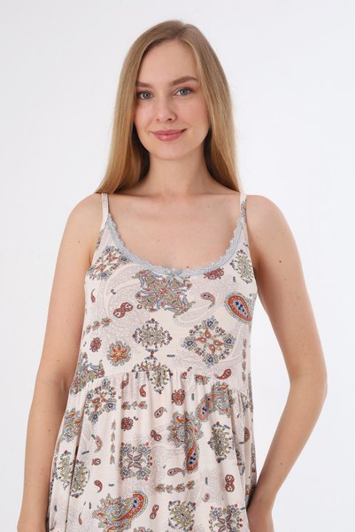 İntensive Patterned Lycra Gathered Sleeveless Viscose Lace Detailed Women's Nightgown