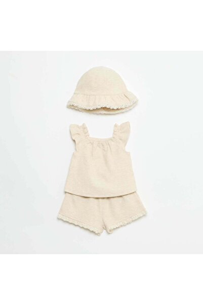 KIABI 3-piece ribbed knit set - shorts + T-shirt + bucket hat BEIGE