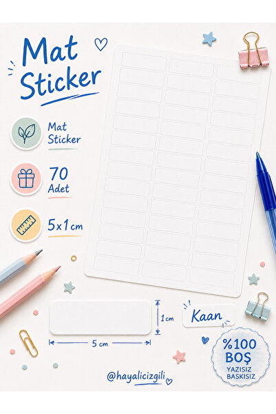 Hayali Çizgili Blank Matte Sticker Label 5X1 cm 70 Pieces Writable White Name...