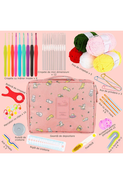 Simply Joy Set de croșetat, 59 de piese, kit de tricotat cu fire de croșetat, croșete, pentru croșetat și bricolaj, pentru începători și avansați, geantă de depozitare, pentru călătorii, adulți, copii, roz