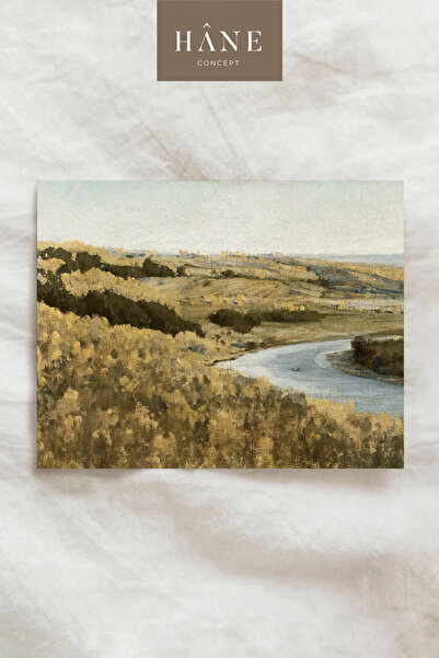 Hane Concept Vintage River Valley Poster, Yellow Hills and Curvy Water Landscape