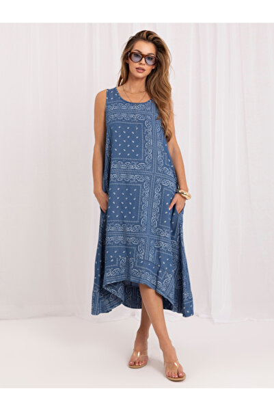 Italy Moda Rochie Dama Midi, Rochie asimetrica, ITALY MODA, Albastru de Vara