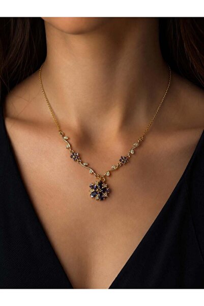 Melisa Takı & Aksesuar 316L Steel Gold Color Lilac Stone Flowering Ivy Necklace