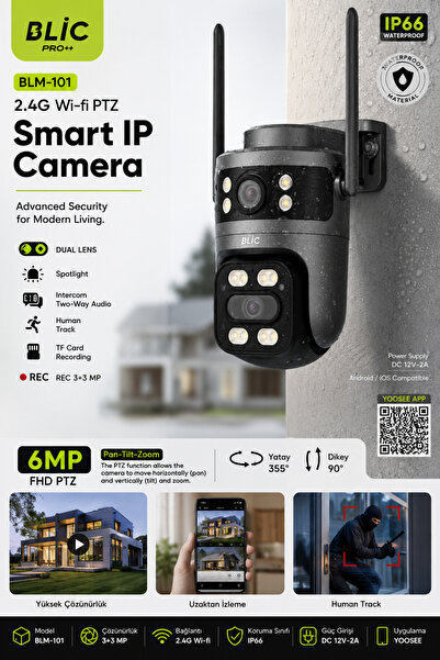 Blic 6MP Çift Lens WiFi PTZ IP Güvenlik Kamerası | 2.4GHz Kablosuz | IP66 | İ...