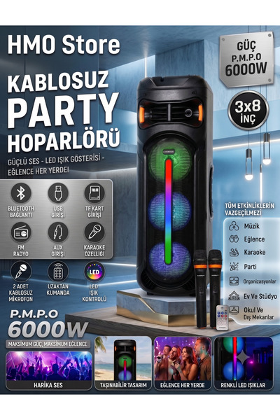 HMO Store Premium 6000W PMPO Kablosuz Party Hoparlörü - 3x8" Çift Mikrofonlu ...