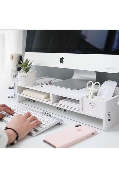 Milara Organizator de birou, Construcție durabilă, Suport alb DIY pentru monitor de birou cu organizator tip sertar, suport pentru tastatură și spațiu de depozitare pentru pixuri - Înălțător de birou rezistent din PVC pentru computer, articole de papetărie și accesorii.