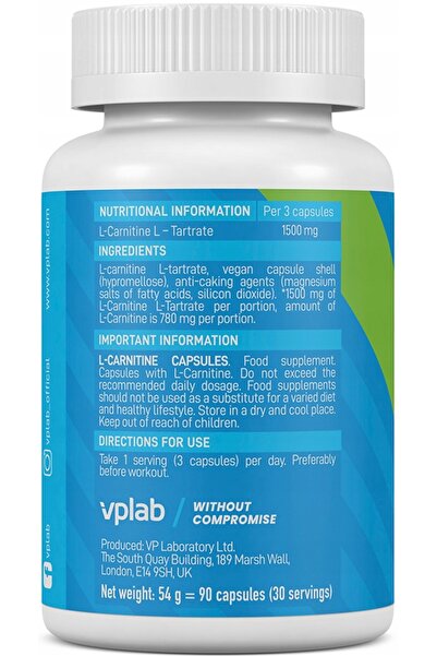 Vplab L-Karnityna Supliment Alimentar 90 Capsule, Fără Zahăr și Stimenți