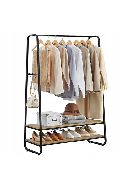SONGMICS Suport vertical pentru haine, tip bancă, cu 2 rafturi, negru-bronz, ...