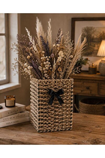 Egindra Wicker Weave Square-Cornered Pampas-Dry Flower Vase Organizer