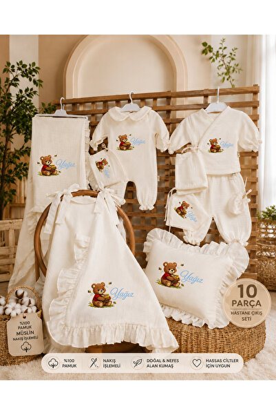 Moda Lime İsme Özel Baskılı 10 Parça Müslin Hastane Çıkışı Seti %100 Pamuk 4 ...