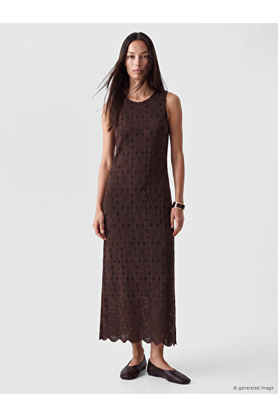 LC Waikiki Lcw Everyday Brown Crew Neck Ruched Crochet Dress