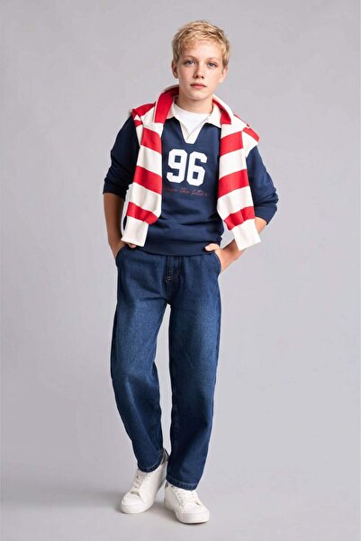 DeFacto Oversized Shirt Collar College Printed Navy Blue Sweatshirt for Boys ...