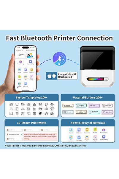 VALA Imprimantă termică portabilă de etichete Bluetooth U 100, Mini imprimantă de etichete, Fără cerneală, Compatibilă cu iOS/Android, Aplicație mobilă, pentru etichete, autocolante și organizare, Rolă inclusă, Negru