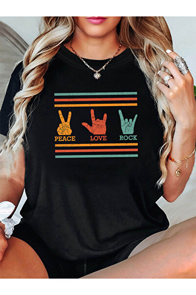 KYMC07 PEACE LOVE ROCK Graphic Print T-shirt | Short Sleeve Crew Neck Top Wom...