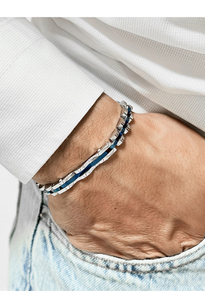 FERRO Navy Blue and Silver Steel Men's Bracelet Frj10198A-L 2 Year Warranty G...