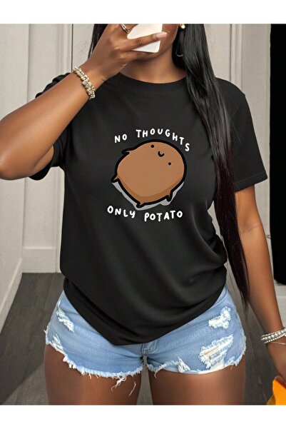 En22 Casual T-Shirt with No Thoughts Only Potato Print, Lightweight Comfortab...