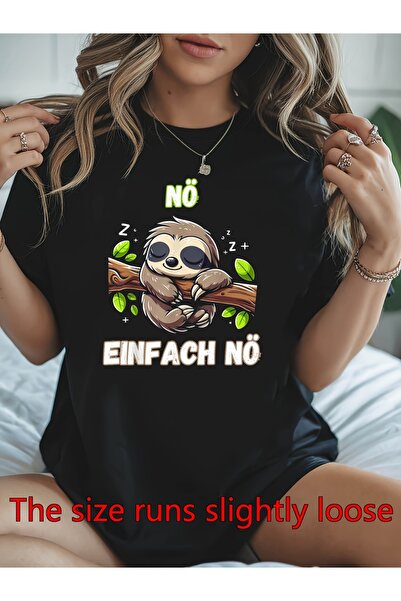 Ekim11 تي شيرت نسائي EINFACH NO Fun Sloth بطباعة ألمانية |   ياقة دائرية، أكم...