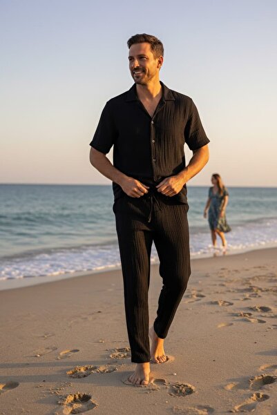 RANDOM Men's Muslin Elastic Waist Lace-Up Trousers