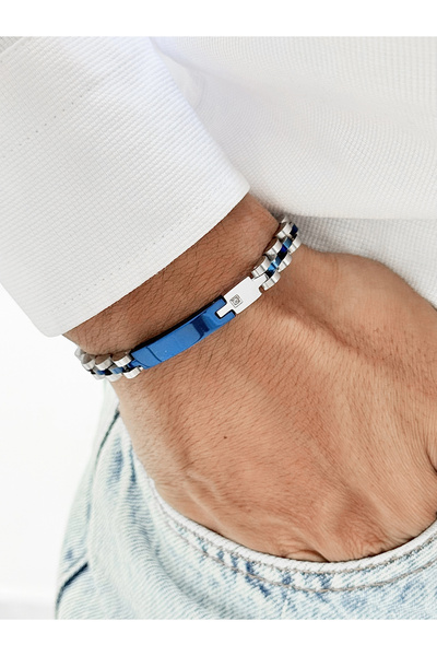 FERRO Navy Blue and Silver Steel Men's Bracelet Frj10202A-L 2 Year Warranty G...