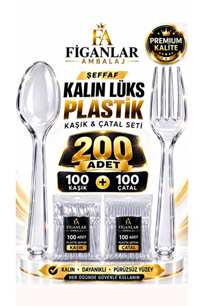 figanlar ambalaj 200 Adet Şeffaf Kalın Lüks Plastik Kaşık Çatal Seti 100 Kaşı...