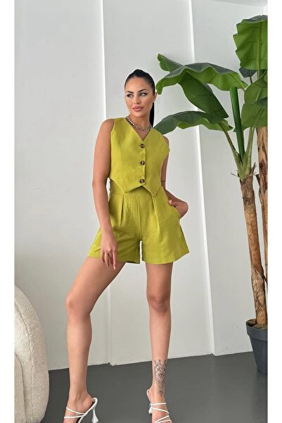 serapboutique Keten yelekli şortlu ikili takım