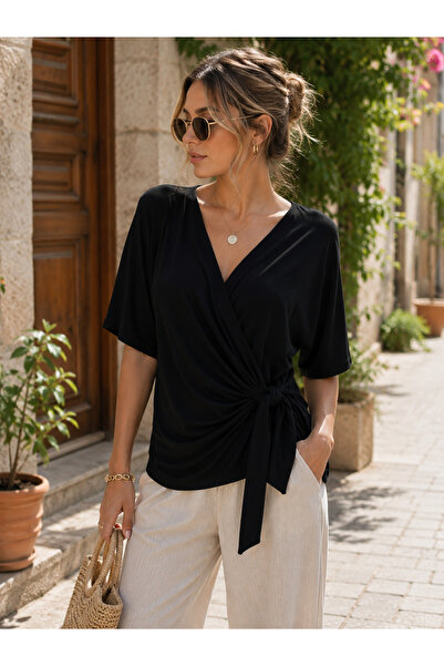Kokosh moda Γυναικεία μπλούζα από βισκόζη με διπλό στήθος, λαιμόκοψη V και λε...
