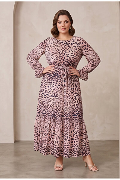 gökçesu Women's Plus Size Long Sleeve Lined Flowy Flounce Long Chiffon Dress