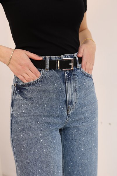 sahraozluk Wide Leg High Waist Front and Back Stoned Jeans Blue Color