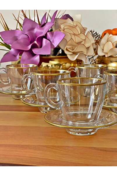 P&ORA PREMIUM KITCHEN PRODUCTS Aqua Fincan Takımı 12 Parça 6 Kişilik Altın Ya...
