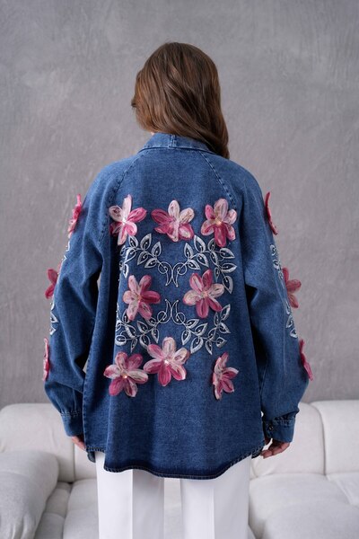 Moda Neval Kadın Tül Çiçek İşlemeli Kot Kimono Ceket