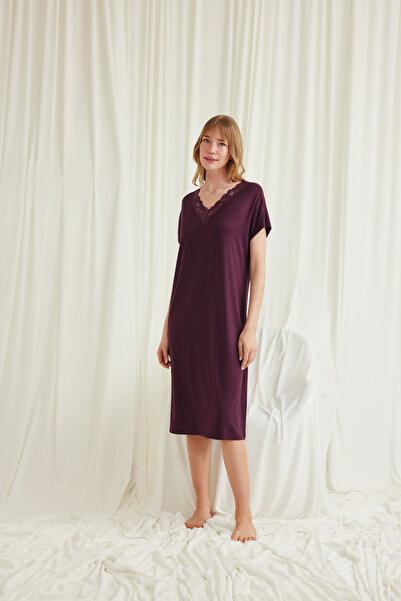 MONAMİSE Burgundy Lace Nightgown, Women's Short-Sleeved Viscose Home Dress, V...