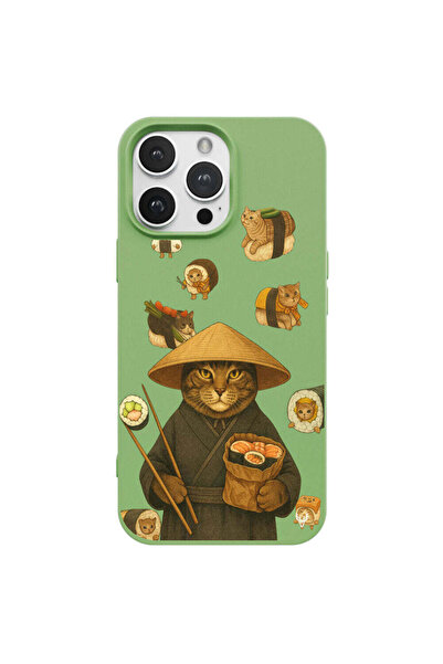 Casen iPhone 14 Pro Max Yeşil Kedi Tasarımlı Gimbap Cat Renkli Silikon Telefo...
