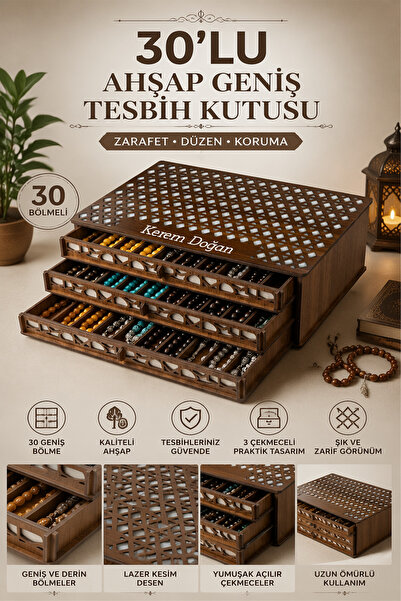 kutuTR Bölmeli Ahşap Geniş Tesbih Kutusu Kişiye Özel İsim Yazılı Çekmeceli Te...