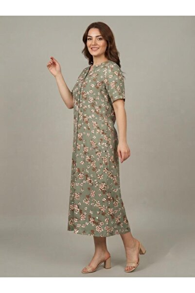 Sedef Moda Evi Short Sleeve Viscose Green Background with Cherry Blossom Patt...