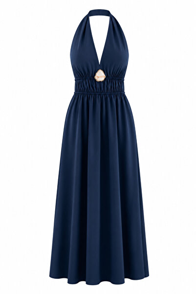 HAZELANNA Buckle Detailed Navy Blue Dress with Elastic Waist
