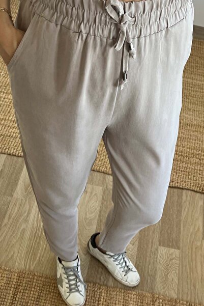butikhola Stone Color Drawstring Waist Carrot Cut Tencel Trousers
