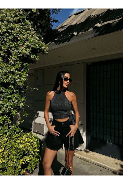 nido moda Kadın Çizgili Halter Yaka Bluz - Yan Bağlamalı Simli Crop Top
