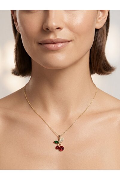 Women's Gemstone Necklace with Gold Color Cherry Figure - Elegant Design