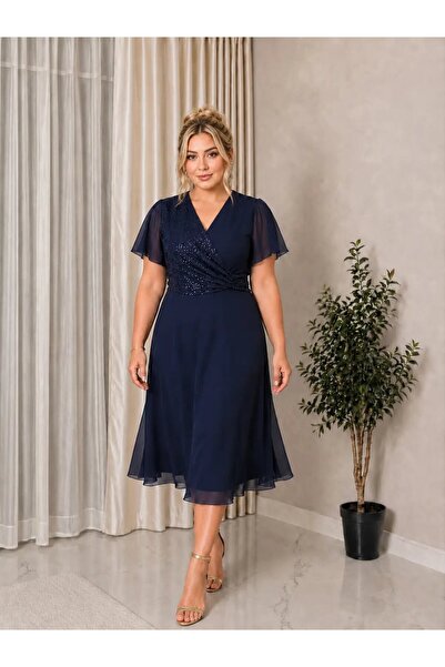hazelin Women's Navy Blue Large Size Double Breasted Collar Short Sleeve Sequ...