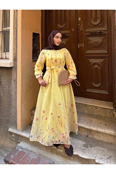 THEK BUTİK Lavinya Floral Patterned Belted Hijab Dress
