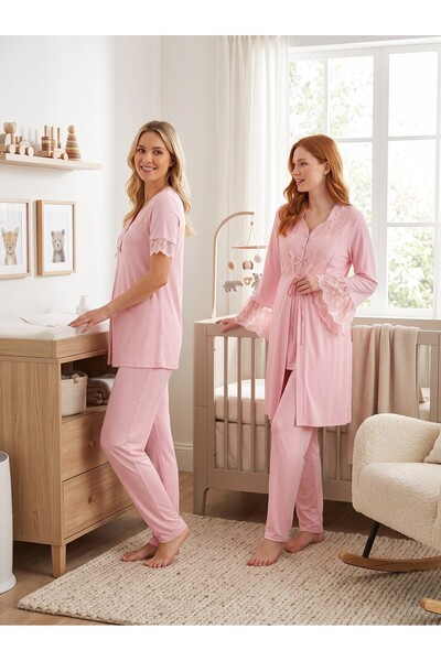 Lohusa Homewear New Season Pink Stylish Lace Detailed Design with Breastfeedi...