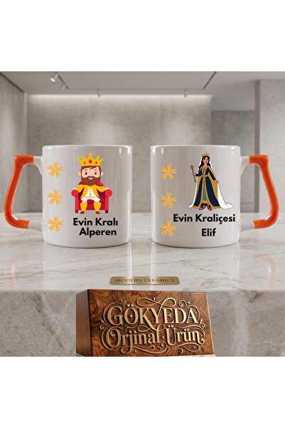 D&Y GAUDERY Kişiye Özel İsimli Evin Kralı ve Kraliçesi Tasarımlı Turuncu Kulp...