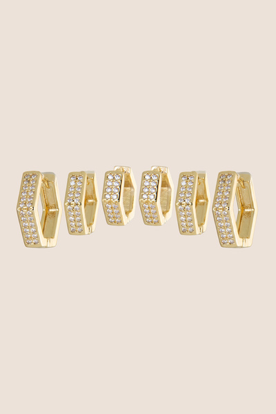 Hetra Gold Color Zircon Stone Hexagonal 6-Piece Hoop Earring Set