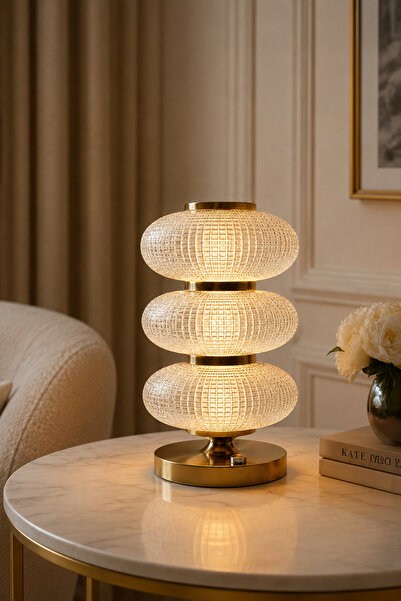 Vadi Gold Metal Three-Layered Lampshade Decorative Table Lamp with Crystal Glass