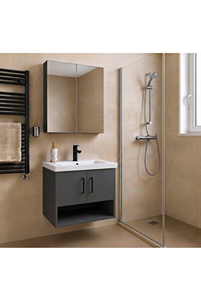 Genel Markalar Modern 80 cm Antrasit Renk MDF Hilton Banyo Dolabı Takımı Ayna...